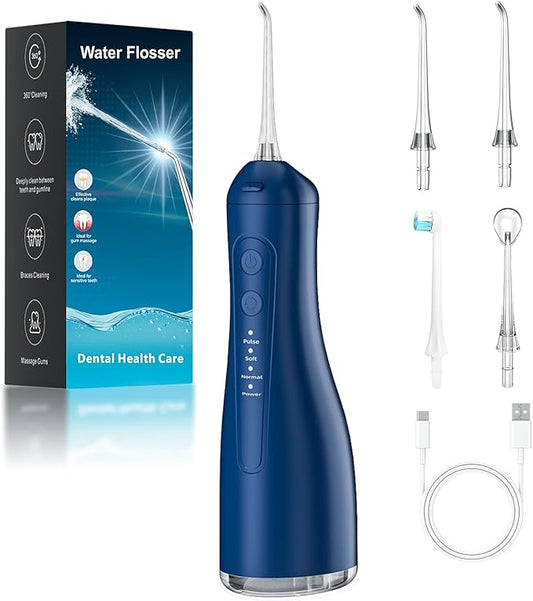 Water Dental Flosser for Teeth, 4 Modes Rechargeable Cordless Oral Irrigator 300ML Water Tank IPX7 Waterproof Portable Electric Flossers for Deep Cleaning and Gum Care, Home Travel Use, Blue