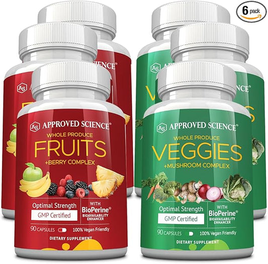 Approved Science Fruits & Veggies - 42 Whole Fruit and Veggie Supplement - Enhanced Health & Vitality - Daily Natural Vitamins, Minerals, Antioxidants - 270 Capsules Each - 3-Month Supply