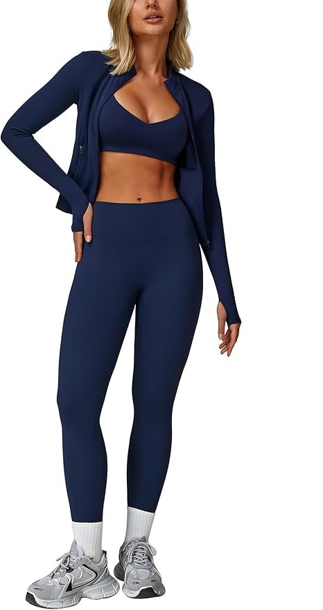 Workout Sets for Women 3 Piece High Waisted Seamless Leggings Crop Top Jacket Gym Yoga Outfit Stretchy Sports Bra Sets