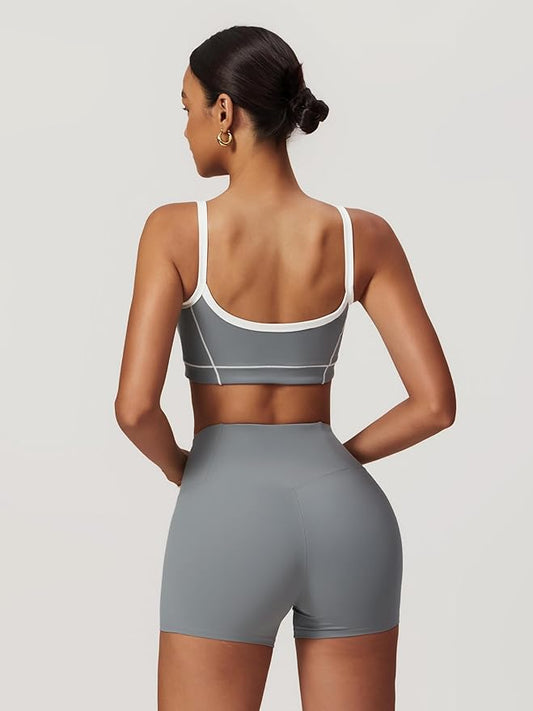 Workout Sets for Women 2 Piece Contrast Panel Sports Bra Tummy Control Butt lifting Shorts Jogger Outfits ﻿