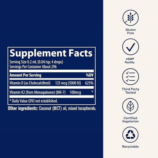Trace Minerals Ionic D3 Plus K2 - with Vitamins D & K2 - Aids Bone Strength & Heart Health - Immune System Support Liquid - 2 fl oz (296 Servings)