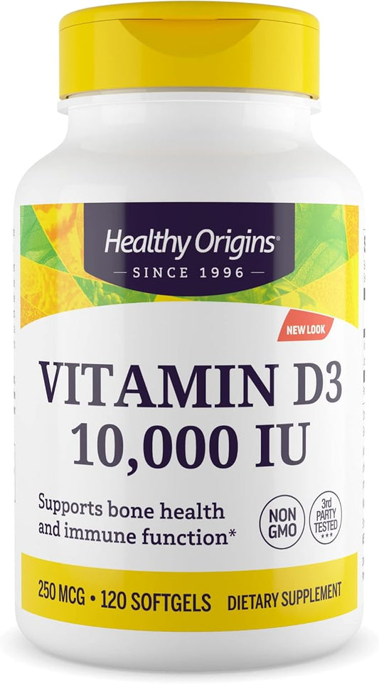 Healthy Origins Vitamin D3 10,000 IU (Non-GMO, High Potency, Bone Support, Immune Support, Gluten Free), 120 Softgels