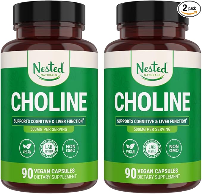 Nested Naturals Choline Bitartrate 500mg - High Potency Choline Supplements - Supports Maternal & Fetal Health During Pregnancy* - 100% Vegan & Non-GMO - 2-Pack (180 Vegan Capsules)