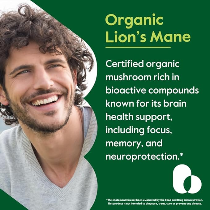 Organic Lion's Mane 500mg (120 Veggie Capsules) - No Stearates - Vegan - Non GMO - Gluten Free - Certified Organic Lion's Mane