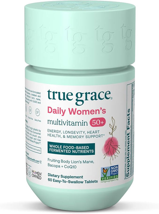 True Grace Daily Women’s Multivitamin 50+ - 60 Easy-to-Swallow Tablets - Immune, Energy, Longevity & Memory Support - Vegan - Gluten, Soy & Iron Free - 30 Servings