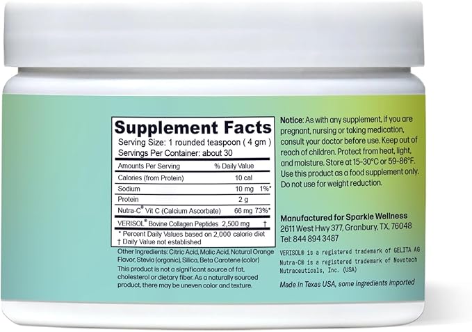 Sparkle Wellness VERISOL Bioactive Hydrolyzed Collagen Peptides | Collagen Powder Supplement with Vitamin C for Skin, Hair & Nail Health | Skin Boost (Orange) [30-Serves]