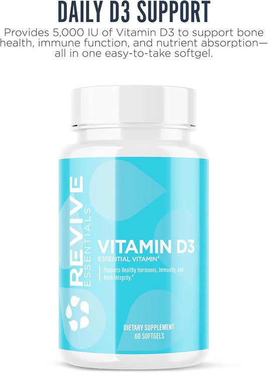 Revive MD Vitamin D3 Supplement, 5000 IU - High Potency Cholecalciferol for Immune Support, Calcium Absorption, Bone & Muscle Health - Non-GMO Dietary Supplement with No Fillers - 60 Softgels