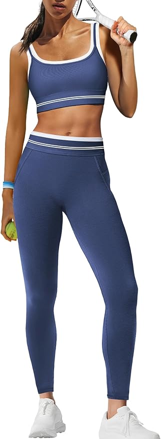 Panadila Womens Yoga Set 2 Piece Outfits Striped Workout Set Gym Matching Sports Bra and High Waist Leggings Activewear