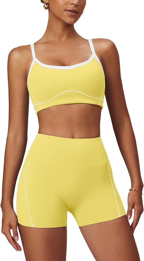 Workout Sets for Women 2 Piece Contrast Panel Sports Bra Tummy Control Butt lifting Shorts Jogger Outfits ﻿