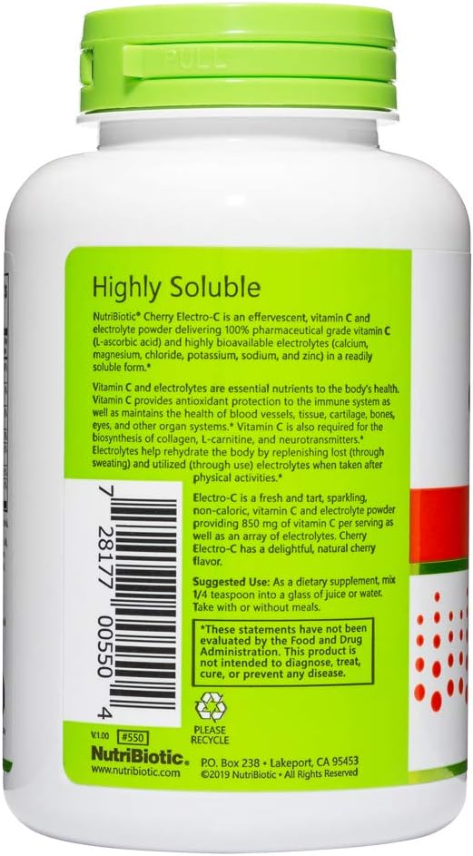 NutriBiotic - Cherry Electro-C Vitamin C & Electrolyte Powder, 8 Oz | 850 Mg Vitamin C Per Serving | Effervescent Electrolyte Recharge | Buffered & Highly Soluble | Non-GMO & Gluten Free
