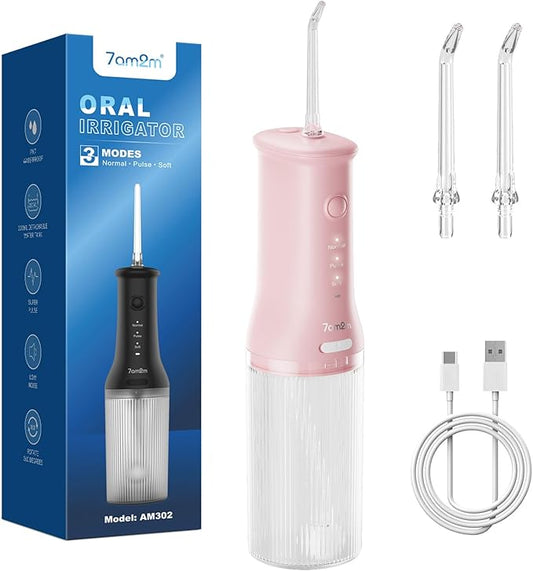 7AM2M Portable Water Flosser Cordless, Water Flosser with 3 Modes and 2 Jet Tips, USB C Rechargeable, IPX7 Waterproof, Dental Water Flosser for Travel and Home Use (Pink)