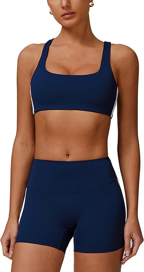 Workout Sets for Women 2 Piece Contrast Panel Sports Bra Tummy Control Butt lifting Shorts Jogger Outfits ﻿