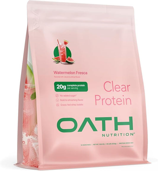 Oath Nutrition Clear Whey Isolate Protein Powder, Watermelon Fresca, 20g Complete Protein per Serving, No Added Sugar, Grass-Fed, 18 Servings