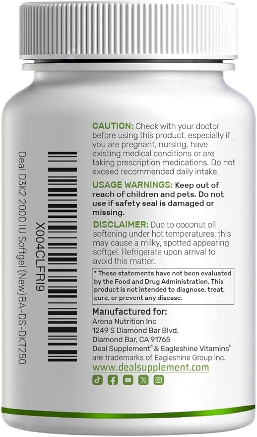 DEAL SUPPLEMENT Vitamin D3 2,000 IU + K2 MK7 50mcg Softgels | 2-in-1 Complex with Virgin Coconut Oil | Supports Heart, Bone, Teeth & Immune Health | Easy to Swallow