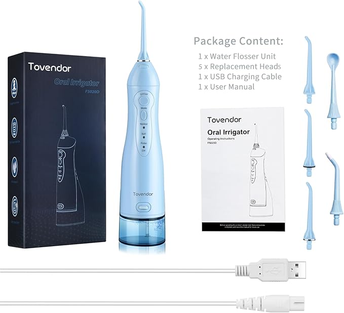 TOVENDOR Electric Water Flosser, Cordless Rechargeable Dental Oral Irrigator IPX7 Waterproof 300ML Travel Water Teeth Cleaner with 5 Tips for Braces Care Teeth Gums Cleaning, Home Office Daily Use
