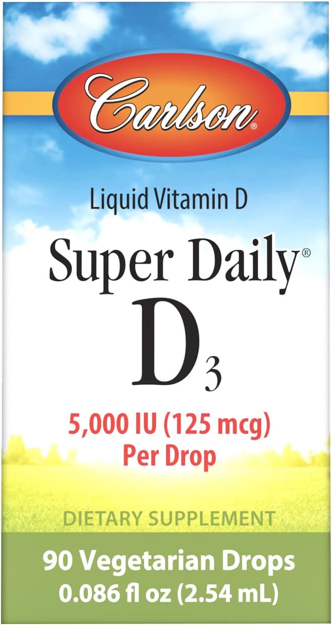 Carlson - Super Daily D3 5,000 IU (125 mcg) per Drop, Vitamin D Drops, Immune Support, Heart Health, Liquid Vitamin D3, Unflavored, 90 Drops