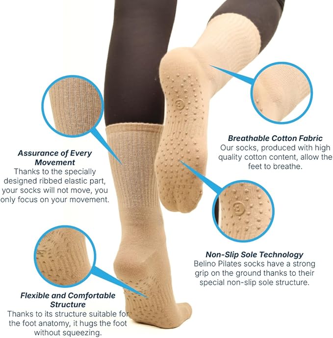 BELINO Pilates Socks for Women with Non Slip Grippers – Crew Socks for Yoga, Barre, Gym, Workout, Hospital 4 Pairs