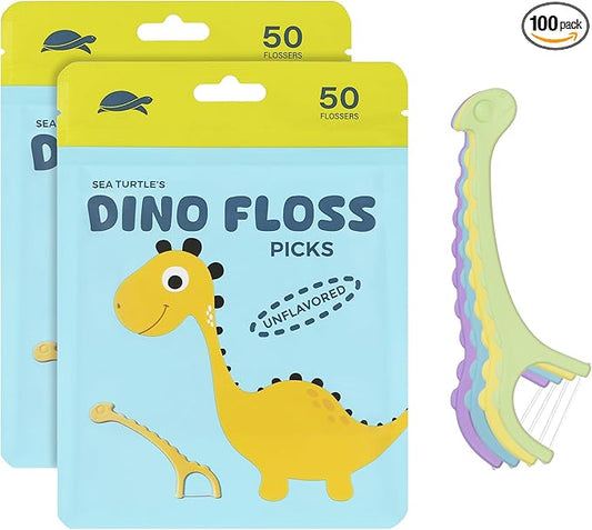 Sea Turtle Kids Dino Floss Picks - Corn Starch Handle - Thin Thread Tooth Dental Flossers - Unflavored (100)