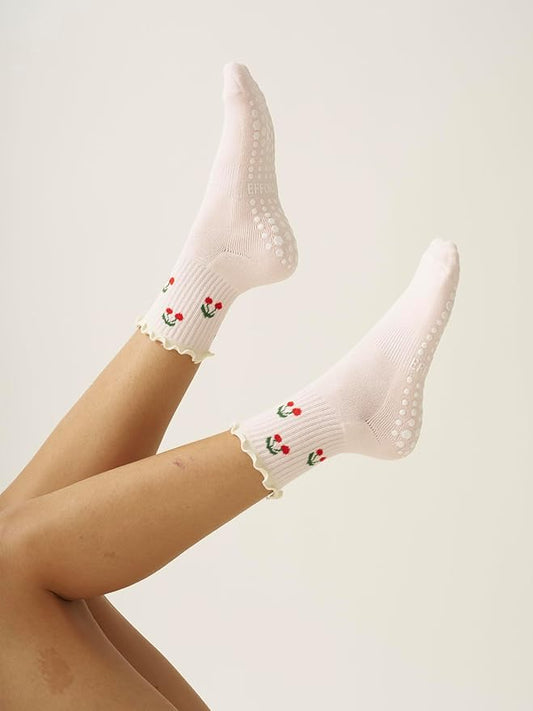 Shapes Studio Crew Half Calf Grip Socks, Cutest Fruits Pilates Socks, Ruffle socks, Non-Slip, Barre Yoga Fitness