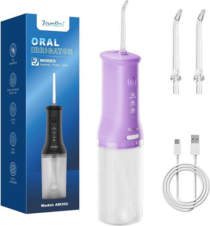 7AM2M Portable Water Flosser Cordless, Water Flosser for Teeth with 3 Modes and 2 Jet Tips, USB C Rechargeable, IPX7 Waterproof, Dental Water Flosser for Travel and Home Use (Purple)