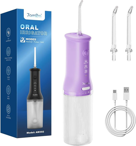 7AM2M Portable Water Flosser Cordless, Water Flosser for Teeth with 3 Modes and 2 Jet Tips, USB C Rechargeable, IPX7 Waterproof, Dental Water Flosser for Travel and Home Use (Purple)