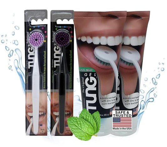 Tung Tongue Cleaning Kit, Tung Brush and Gel, Bad Breath Odor Eliminator, Halitosis Defense, USA Made (Set of 2)