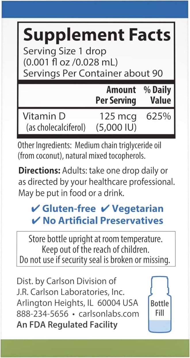 Carlson - Super Daily D3 5,000 IU (125 mcg) per Drop, Vitamin D Drops, Immune Support, Heart Health, Liquid Vitamin D3, Unflavored, 90 Drops