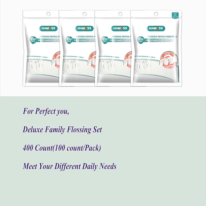 400 Count Dental Floss Picks-Tooth Picks Flossers for Adults-LIAMOSS No Break& No Shred Floss Sticks-Family Best Dental Oral Care Set(Pack of 4)