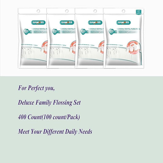 400 Count Dental Floss Picks-Tooth Picks Flossers for Adults-LIAMOSS No Break& No Shred Floss Sticks-Family Best Dental Oral Care Set(Pack of 4)