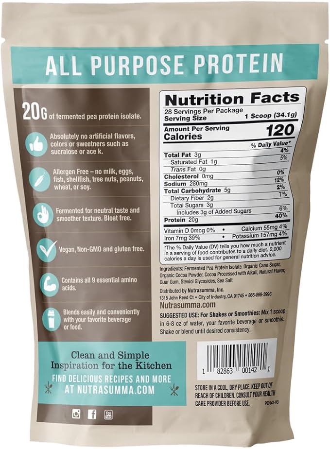 Nutrasumma Pea Protein Powder, Vegan Chocolate Flavor, 100% Plant Based, No Artificial Sweeteners, Non GMO, Gluten Free & Soy Free, 2.11 LB