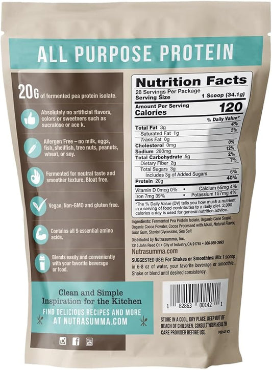 Nutrasumma Pea Protein Powder, Vegan Chocolate Flavor, 100% Plant Based, No Artificial Sweeteners, Non GMO, Gluten Free & Soy Free, 2.11 LB