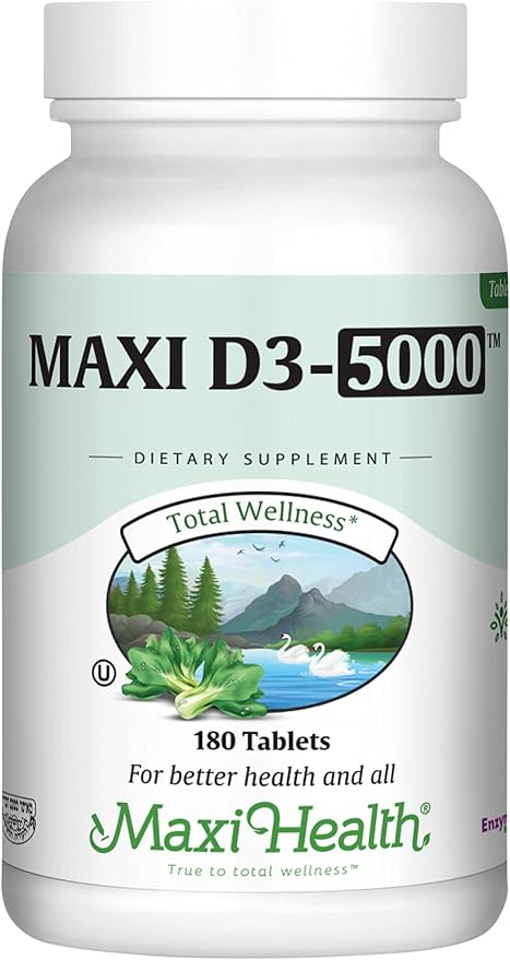 Maxi Health Vitamin D3 5000 IU (125 mcg) - High Dose Vitamin D 5000 IU - Healthy Bones, Teeth, Immune Support - Kosher Pure High Potency Vit D3 (180 Tablets)
