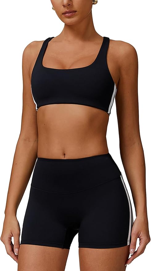 Workout Sets for Women 2 Piece Contrast Panel Sports Bra Tummy Control Butt lifting Shorts Jogger Outfits ﻿