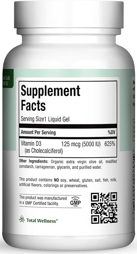 Maxi Health D3 5000 Liquid Gels - Natural Vitamin D3 - Nutrition Supplement - 180 Capsules - Kosher