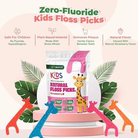 Biodegradable Kids Flossers - Dental Floss Picks for Children | Fluoride & Plastic-Free | Colorful & Fun Animal Floss Sticks | Eco Friendly, Vegan, Natural (Strawberry - 100 Pack)
