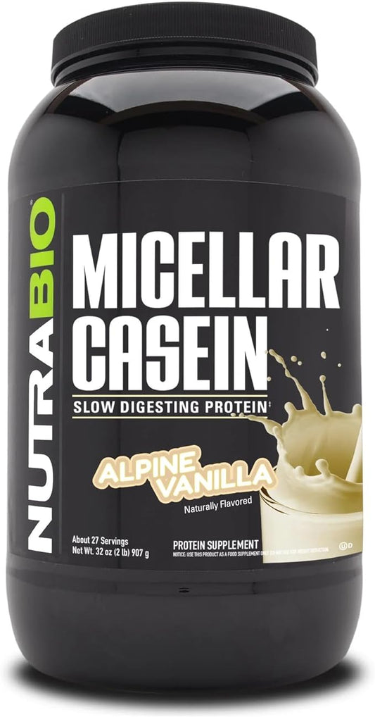 NutraBio Casein Protein Powder, Micellar Casien Powder, 25g Slow Digesting Protein, Helps Keep You Full, Overnight Muscle Recovery & Growth, BCAA & EAA, Gluten Free, Soy Free, 2lb Vanilla