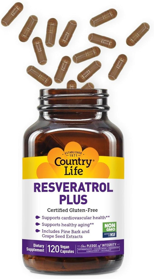 Country Life Resveratrol Plus 1000mg - Organic Antioxidant Supplement with Pine Bark & Grape Seed Extracts - Vegan, Gluten-Free, Non-GMO
