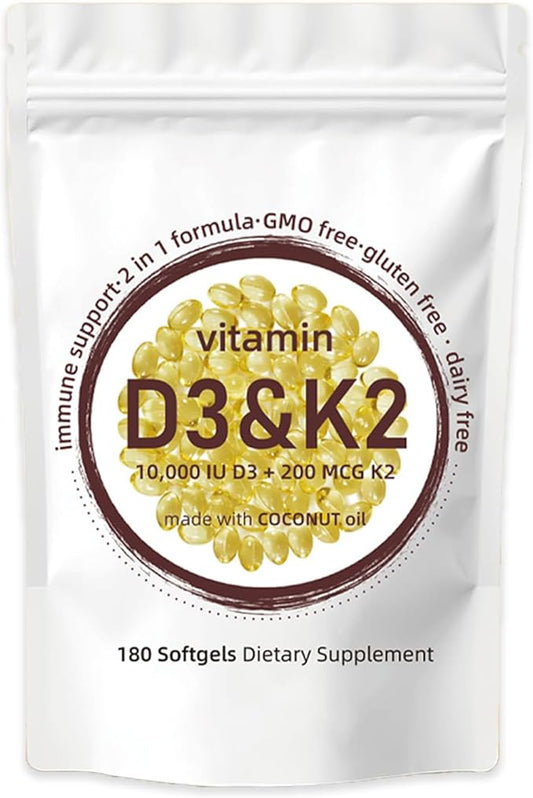 Vitamin D3 10000 iu Plus K2 (MK-7) 200 mcg, 180 Virgin Coconut Oil Softgels| 2 in 1 Vitamins D & K Complex | Supports Bone, Heart & Immune Health - Non-GMO – Easy to Swallow