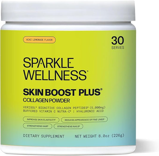 Sparkle Wellness VERISOL Bioactive Hydrolyzed Collagen Peptides | Collagen Powder with Vitamin C & Hyaluronic Acid for Hair, Skin, and Nail Health | Skin Boost Plus (Acai Lemonade) [30-Serves]