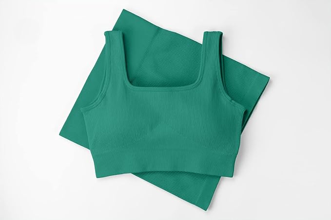 QINSEN Workout Sets for Women 2 Piece Seamless Ribbed Crop Tank High Waist Shorts Yoga Outfits