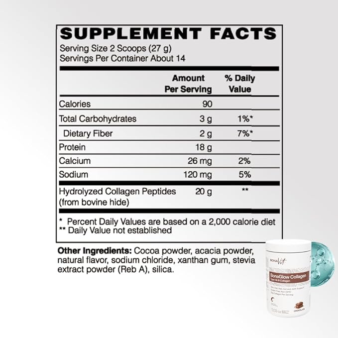 BonaGlow - Hydrolyzed Collagen Powder - Chocolate Flavor - 24 Servings - Type I & III with Vitamin C, Probiotics, and Digestive Enzymes - Skin, Nails, Hair - High Dosis of Collagen & Protein