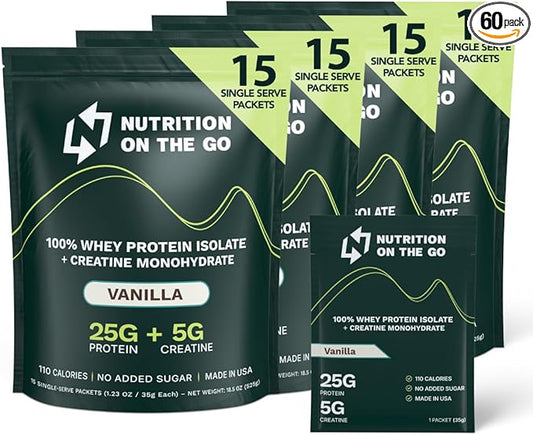 Nutrition On The Go Whey Protein Isolate Packets with Creatine – 25g Protein + 5g Creatine – Single-Serve Travel Protein Powder – Vanilla (60-Pack)