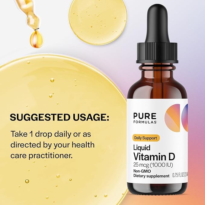 PureFormulas Liquid Vitamin D 25 mcg (1,000 IU) - Vitamin D3 Drops Essential Daily Support for Health and Wellness for Adults and Kids - Non GMO Vegetarian - 0.75 fl oz