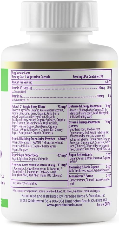 Paradise Herbs Earth's Blend Vitamin D3 + K2, Superfoods Base of Probiotics and Organic Alkalizing Greens, Veggies & Berries, 90 Vegetarian Capsules