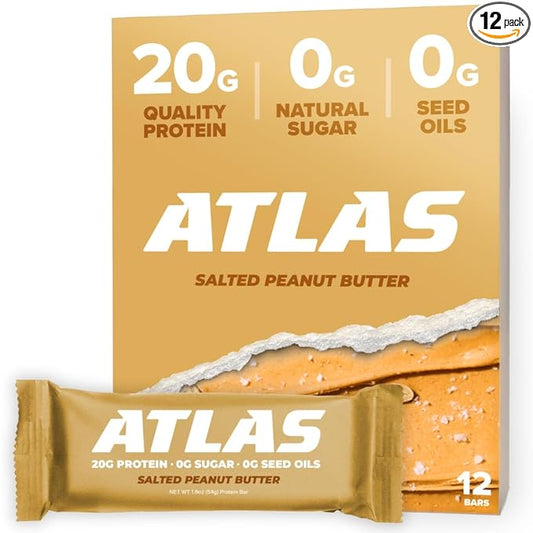 Atlas Protein Bars - 20g Protein, 0g Natural Sugar, 0g Seed Oils, No Sugar Alcohols, No Artificial Ingredients (Salted Peanut Butter, 12 Pack)
