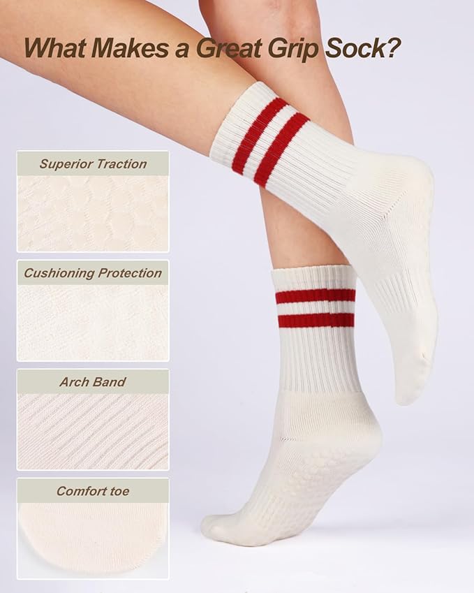3/4 Pairs Cushioned Pilates Socks for Women, Non Slip Elegant Grip Socks with Silicone,Ideal for Yoga,Hospital & Home