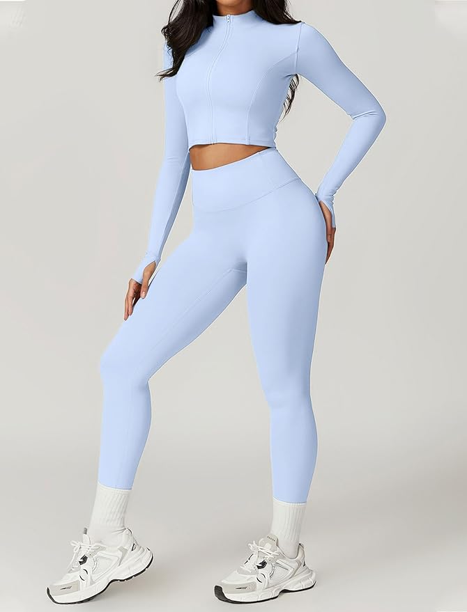 Workout Sets for Women 3 Piece High Waisted Seamless Leggings Crop Top Jacket Gym Yoga Outfit Stretchy Sports Bra Sets