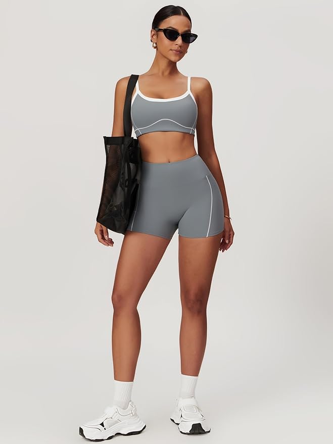 Workout Sets for Women 2 Piece Contrast Panel Sports Bra Tummy Control Butt lifting Shorts Jogger Outfits ﻿