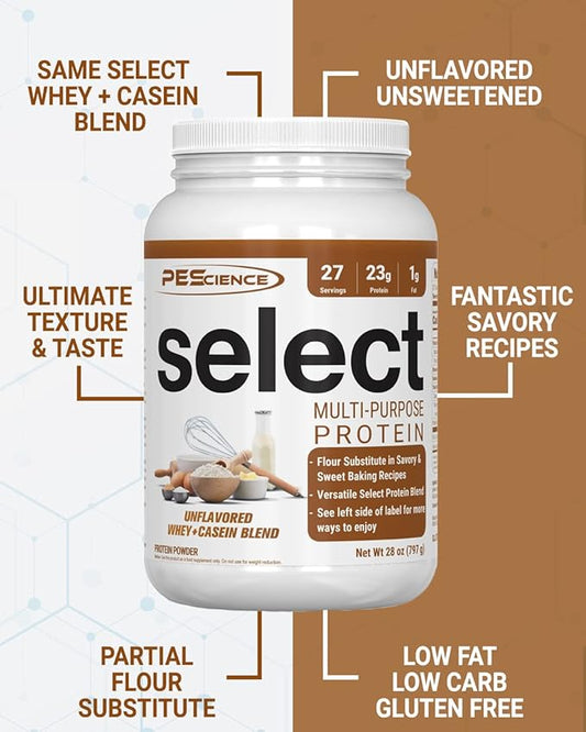 PEScience Select Multi-Purpose Unflavored Protein Powder, Low Carb, Keto Friendly, Gluten Free, Whey and Casein Blend, Protein Powder for Baking and Smoothies - Unflavored - 27 Servings