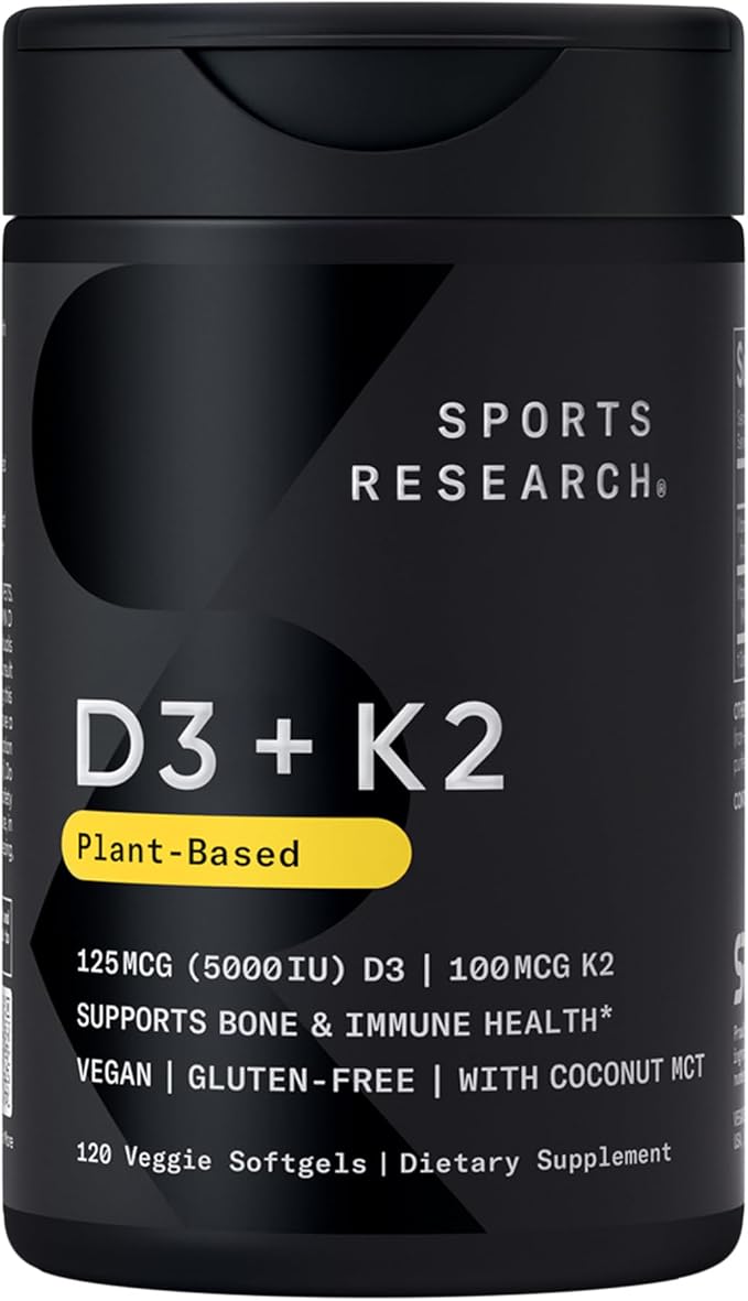 Sports Research Vitamin D3 with K2 Softgels - Plant Based K2 & Vegan D3 5000iu with Coconut MCT Oil - Vegan Certified, Soy & Gluten Free - 120 Count